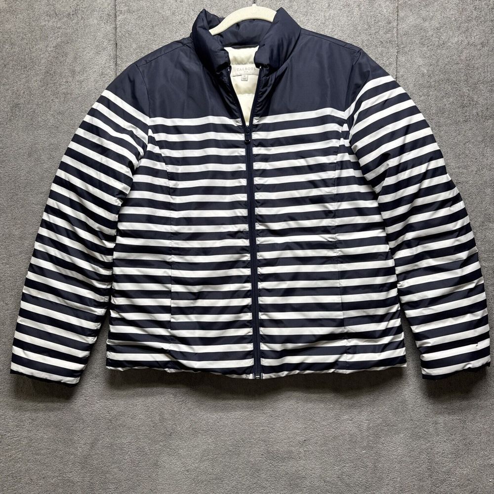 Talbots Jacket Womens Medium Down Puffer Blue Striped Coat Nautical Coastal Prep